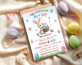 Easter Gender Reveal Invitation Template, Easter Egg Gender Reveal Invitation, Easter Bunny Gender Reveal, Egg-cited Gender Reveal Invite