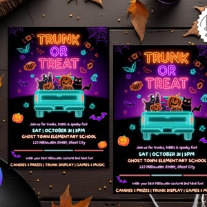 May include: Two Halloween-themed digital download flyers. The design features a teal truck bed with pumpkins and black cats, and the words "Trunk or Treat" in neon pink and teal. Includes event details.