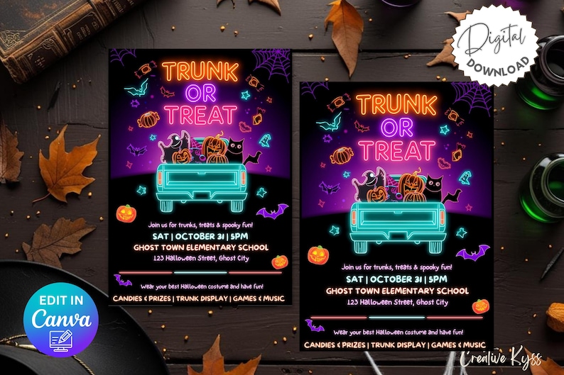 May include: Two Halloween-themed digital download flyers. The design features a teal truck bed with pumpkins and black cats, and the words "Trunk or Treat" in neon pink and teal. Includes event details.