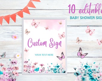 Plantilla de signo personalizado de baby shower de mariposa, signo personalizado de baby shower de mariposa de niña, signo de baby shower de mariposa y flor silvestre