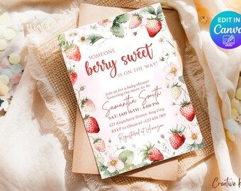 Modèle d'Invitation de baby shower douce baies, quelqu'un de Sweet Berry est sur le chemin, Invitation de baby shower aux fraises, toile modifiable
