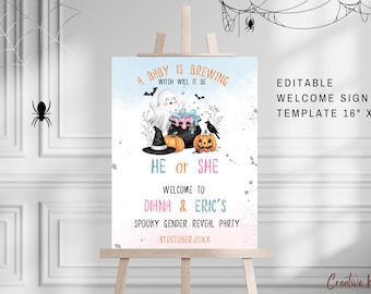Halloween Gender Reveal Welcome Sign Template, A Baby is Brewing Gender Reveal Welcome Sign, Cute Ghost Gender Reveal Party Sign, He or She