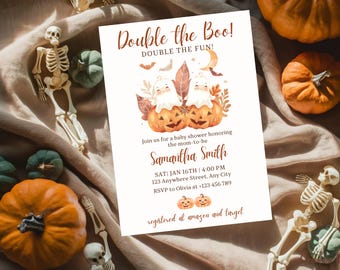 Double the Boo Baby Shower Invitation Template, Twins Halloween Baby Shower Invite, Cute Ghost Fall Baby Shower, Twin Pumpkin Baby Shower