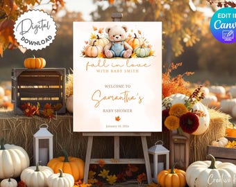 Fall In Love Baby Shower Welcome Sign Template, Pumpkin Baby Shower Welcome Sign, Fall Baby Shower Decor, Boy Bear Baby Shower Welcome Sign