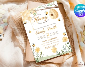 Modello di invito per baby shower a forma di ape, invito per baby shower "Un po' di miele è in arrivo", invito per baby shower a forma di ape, invito a forma di ape