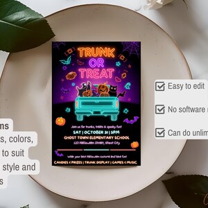 May include: A Halloween-themed invitation with the words "Trunk or Treat" in neon orange and teal. The design features a teal truck filled with pumpkins and cats, surrounded by bats and stars. The invitation includes event details.