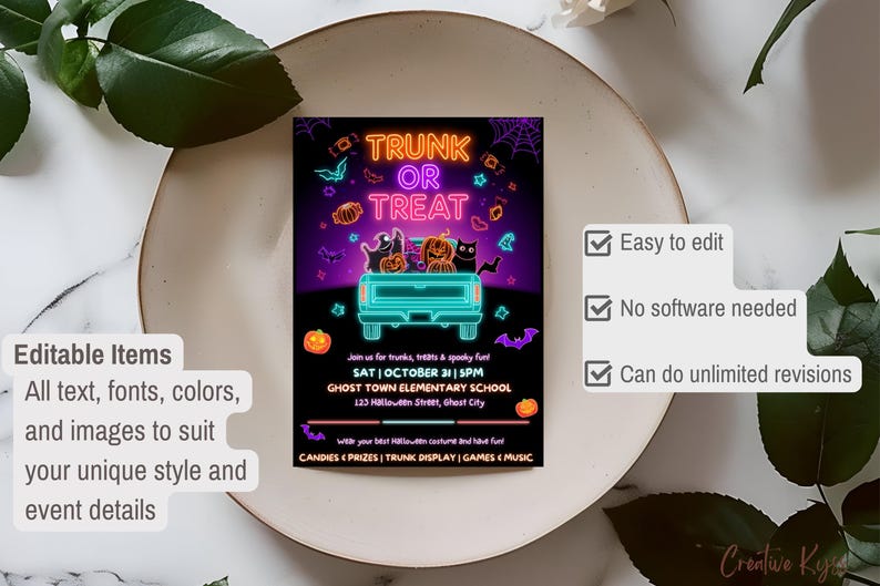 May include: A Halloween-themed invitation with the words "Trunk or Treat" in neon orange and teal. The design features a teal truck filled with pumpkins and cats, surrounded by bats and stars. The invitation includes event details.