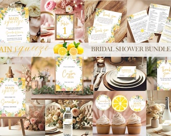 May include: A bridal shower bundle with a lemon theme. Includes invitations, table cards, thank you cards, and custom signs. The text "Main Squeeze" and "Bridal Shower Bundle" are visible. The color scheme is yellow, white, and green.