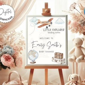 Modello di cartello di benvenuto per baby shower da viaggio, cartello di benvenuto per baby shower per piccoli esploratori, decorazioni per baby shower avventurose, cartello minimalista per baby shower