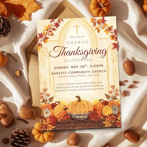 May include: Thanksgiving gathering invitation card with a church theme. The card features a cross, pumpkins, and fall foliage. The text reads "Join us for our Church Thanksgiving Gathering, Sunday, Nov 28th, 5:00 PM, Harvest Community Church".