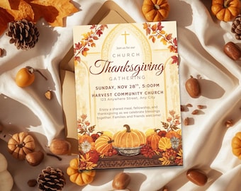 Plantilla de invitación para Acción de Gracias en la iglesia, invitación a la cena comunitaria de Acción de Gracias, folleto imprimible editable para la reunión de la iglesia de la cosecha de otoño
