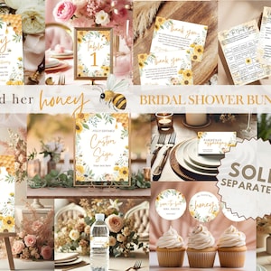 May include: A bridal shower bundle with a honeybee theme. The bundle includes printable signs, table cards, cupcake toppers, and games. The signs feature a floral design with sunflowers and bees. The text on the signs includes "She found her honey", "Welcome to Samantha's Bridal Shower", "Custom Sign", and "Thank you".