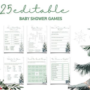 Modello di gioco per baby shower natalizio, pacchetto di giochi per baby shower con albero di Natale, modello di giochi per baby shower invernale, baby shower minimalista