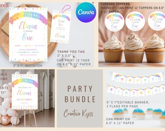 Rainbow Birthday Invitation Bundle Template | Pastel Rainbow Party Bundle, Rainbow Balloon Party Favor Invite, Thank You Tag, Topper