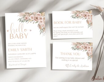 Boho Flower Baby Shower Invitation Set Template, Minimalist Boho Girl Baby Shower Invitation Set, Dried Flower Baby Shower Invitation Bundle