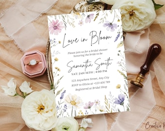 Love in Bloom Bridal Shower Invitation Template, Wildflower Bridal Shower Invitation, Minimalist Spring Bridal Shower, Editable Canva