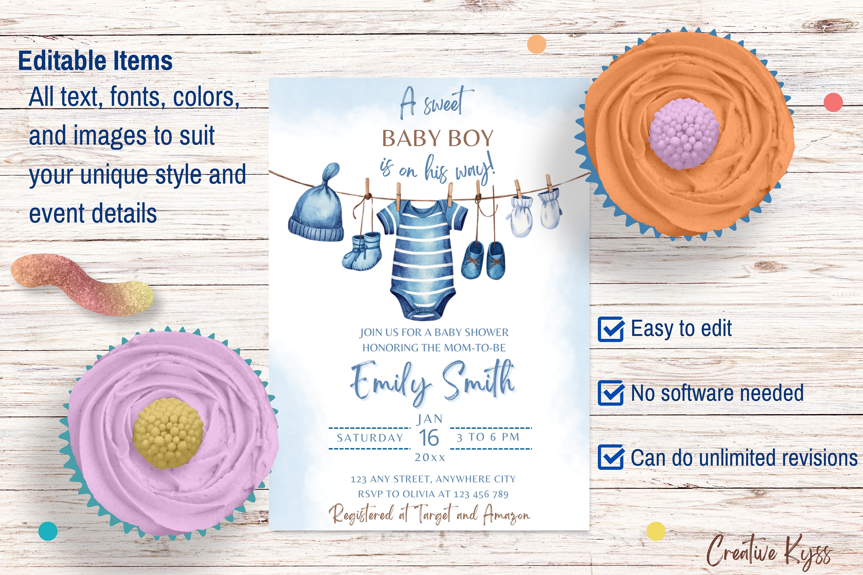 Editable Baby Boy Baby Shower Invitation, Clothesline Baby Boy