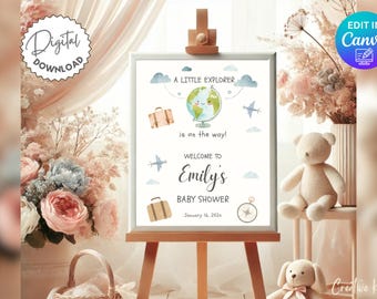 Little Explorer Baby Shower Welcome Sign Template, Travel Theme Baby Shower Decor, Gender Neutral, Editable Canva Template, Airplane, Globe
