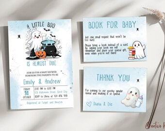 Halloween Baby Shower Invitation Set Template, A Little Boo Boy Baby Shower Invitation Set, Cute Ghost Baby Shower Invitation Bundle