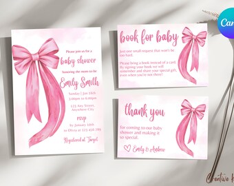 Pink Bow Baby Shower Invitation Template, Pink Ribbon Baby Shower, Minimalist Baby Girl Baby Shower Invite, Watercolor Pink Ribbon Invite