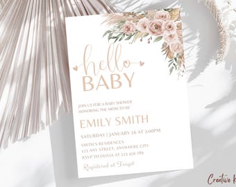 Boho Flower Baby Shower Invitation Template, Minimalist Boho Girl Baby Shower Invitation, Floral Baby Shower, Boho Dried Flower Invite