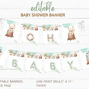Woodland Baby Shower Banner Template, Forest Animals Baby Shower Banner, Editable Gender Neutral Baby Shower Banner, Woodland Baby Shower