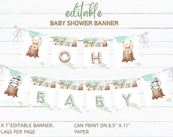 Woodland Baby Shower Banner Template, Forest Animals Baby Shower Banner, Editable Gender Neutral Baby Shower Banner, Woodland Baby Shower