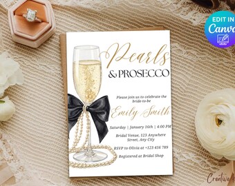 Modèle d'invitation pour une fête prénuptiale sur le thème des perles et du prosecco, invitation noire et or, invitation élégante pour une fête prénuptiale, invitation de mariage avec nœud noir