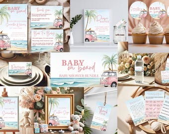 Pink Baby On Board Baby Shower Bundle Template, Summer Baby Girl Shower Invitation Set and Decor, Surfboard Baby Shower, Editable Canva