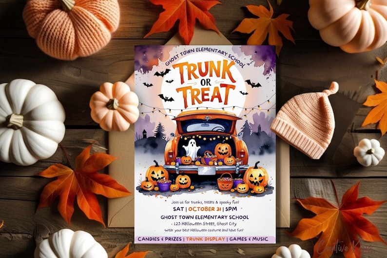 Puede incluir: Imagen con tem&aacute;tica de Halloween con un folleto que dice "Trunk or Treat" rodeado de calabazas, hojas de oto&ntilde;o y un gorro de punto. El folleto anuncia un evento en la escuela primaria Ghost Town, con detalles de la fecha y la hora.