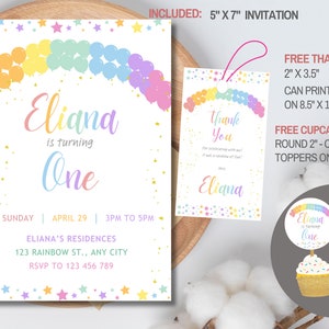 Rainbow Birthday Invitation Template | Pastel Rainbow Birthday Invitation Template, Rainbow Balloon Invitation with Free Thank You Tag