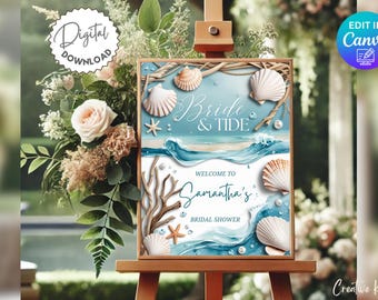 Coastal Bridal Shower Welcome Sign: Beach Bachelorette Party Decor (Canva Template 24x30" Digital Download)