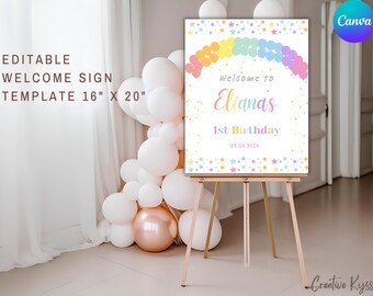 Regenbogen Geburtstag Willkommensschild Vorlage | Pastell Regenbogen Geburtstag Willkommensschild Vorlage, Regenbogen Ballon Willkommensschild Vorlage, Ballonbogen