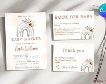 May include: A set of four cards for a baby shower. The cards are decorated with a watercolor rainbow, flowers, and a sunflower. The text on the cards reads "Please join us for a baby shower", "Honoring the mom-to-be Emily Williams", "Book for Baby", and "Thank you for coming to our baby shower and making it so special. Emily and Andrew".