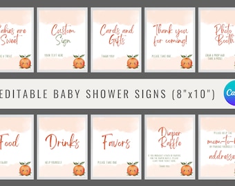 May include: Ten editable baby shower signs featuring peach illustrations. The signs are 8 inches by 10 inches and include text such as "Babies are Sweet", "Custom Sign", "Cards and Gifts", "Thank you for coming!" and "Photo Booth".