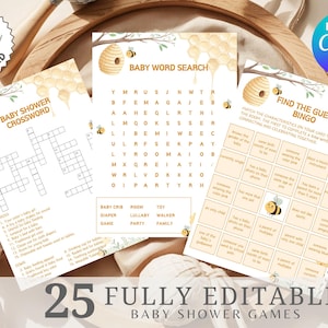 May include: A set of three printable baby shower games featuring a bee and honeycomb theme. The games are: Baby Shower Crossword, Baby Word Search, and Find the Guest Bingo. The games are fully editable.