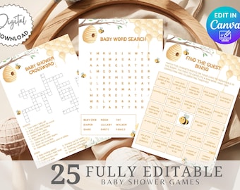 Peut inclure: Un ensemble de trois jeux de baby shower imprimables sur le thème de l'abeille et du nid d'abeilles. Les jeux sont : Baby Shower Crossword, Baby Word Search et Find the Guest Bingo. Les jeux sont entièrement modifiables.