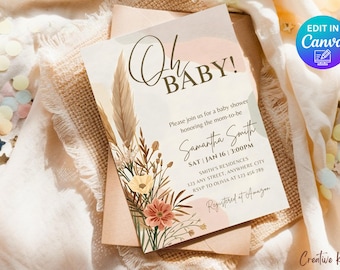 Modèle d'Invitation de baby shower Oh bébé bohème, invitation de baby shower d'herbe de la pampa, baby shower de Bohème neutre, Invitation imprimable modifiable