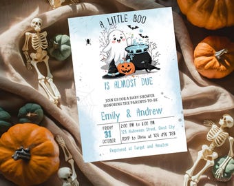 Halloween Baby Shower Invitation Template, A Little Boo Boy Baby Shower Invite, Cute Ghost Baby Shower Invite, Blue Halloween Baby Shower