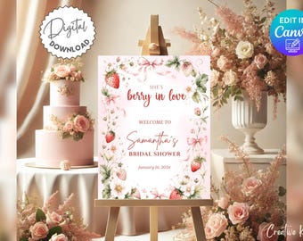 She's Berry In Love Bridal Shower Welcome Sign Template,  Strawberry Bridal Shower Welcome Sign, Pink Bow Bridal Shower