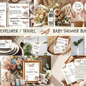 Travel Baby Shower Bundle, Little Explorer Baby Shower Bundle, Adventure Baby Shower Decor Set, Airplane Baby Shower Invitation Template