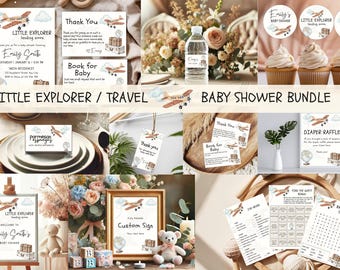 Travel Baby Shower Bundle, Little Explorer Baby Shower Bundle, Adventure Baby Shower Decor Set, Airplane Baby Shower Invitation Template