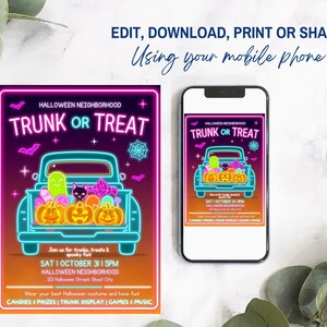 May include: A Halloween-themed flyer and a smartphone displaying the same design. The flyer features a neon-style illustration of a truck filled with pumpkins and treats, with the text "TRUNK OR TREAT". The flyer also includes event details.