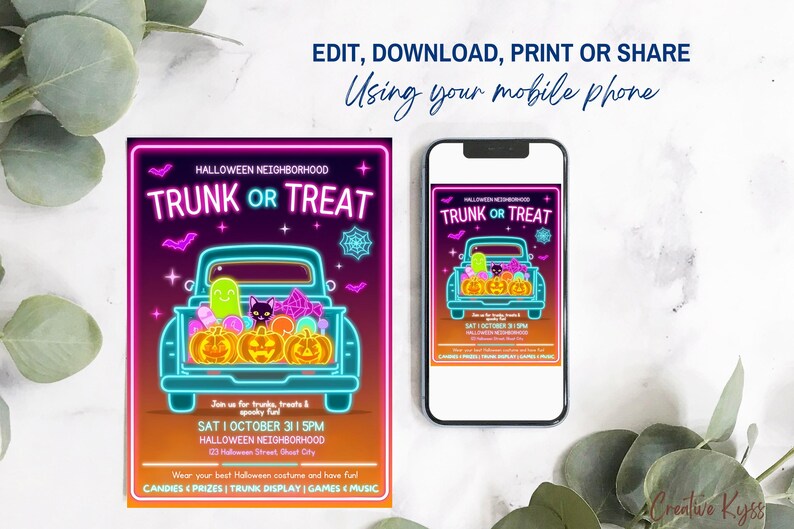 May include: A Halloween-themed flyer and a smartphone displaying the same design. The flyer features a neon-style illustration of a truck filled with pumpkins and treats, with the text "TRUNK OR TREAT". The flyer also includes event details.