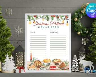 Puede incluir: Un formulario de inscripción para la cena de Navidad enmarcado, con ilustraciones festivas en acuarela. El formulario presenta espacio para nombres y lo que los invitados traen, con un borde decorativo de luces, vegetación y bayas. La imagen está rodeada de decoraciones navideñas.