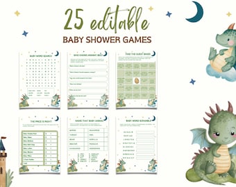 Dragon Baby Shower Games Bundle Template, A Little Dragon Baby Shower Games, Baby Boy Dragon Editable Games Set, Boy Baby Shower Game Bundle