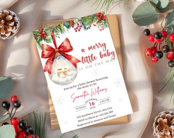 A Merry Little Baby Shower Invitation Template, Winter Red Bow Ornament Invite, Editable Canva Template, Snowflakes