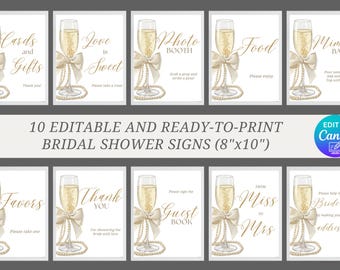 Pearls and Prosecco Bridal Shower Custom Sign Template, Editable White Pearl Bridal Shower Table Sign, White Bow Bridal Shower Custom Sign