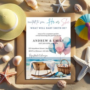 Summer Gender Reveal Invitation Template, Excited to Sea Gender Reveal Invitation, Beach Gender Reveal, Balloon He or She Gender Invitation