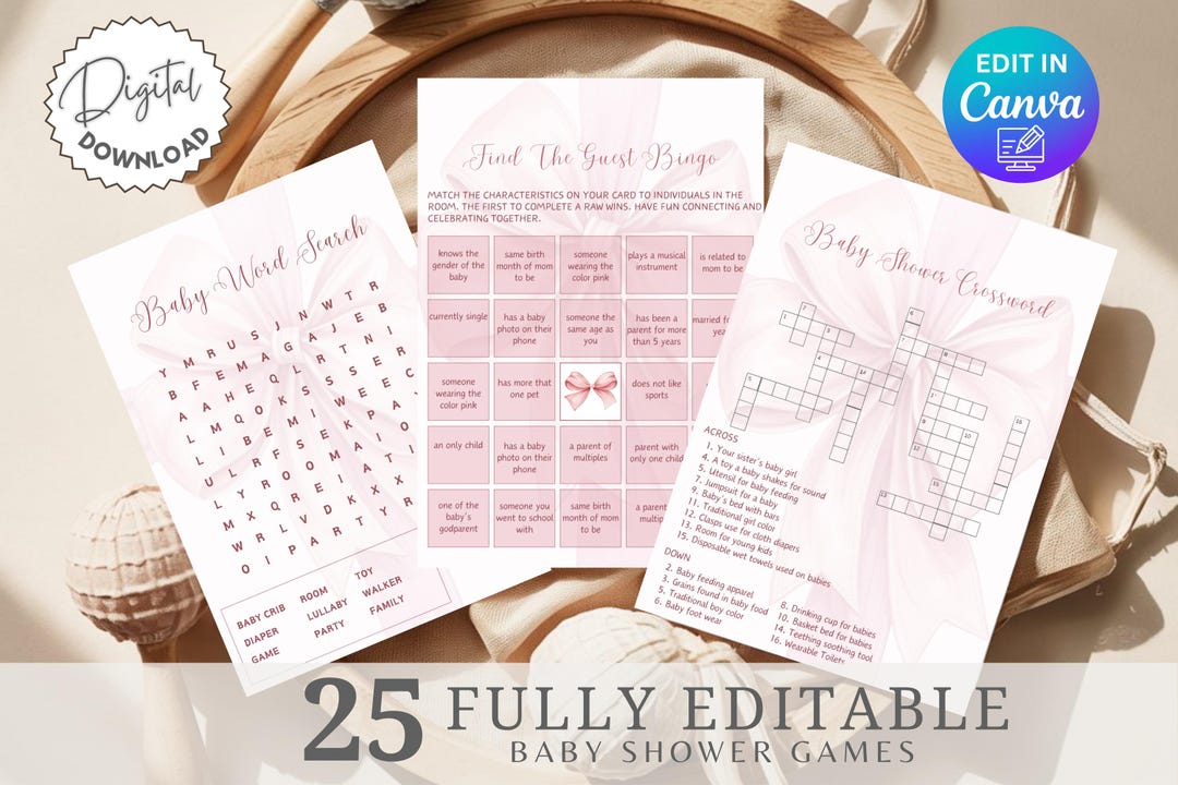 Pink Bow Baby Shower Games Template, Pink Ribbon Games Bundle, Pink ...